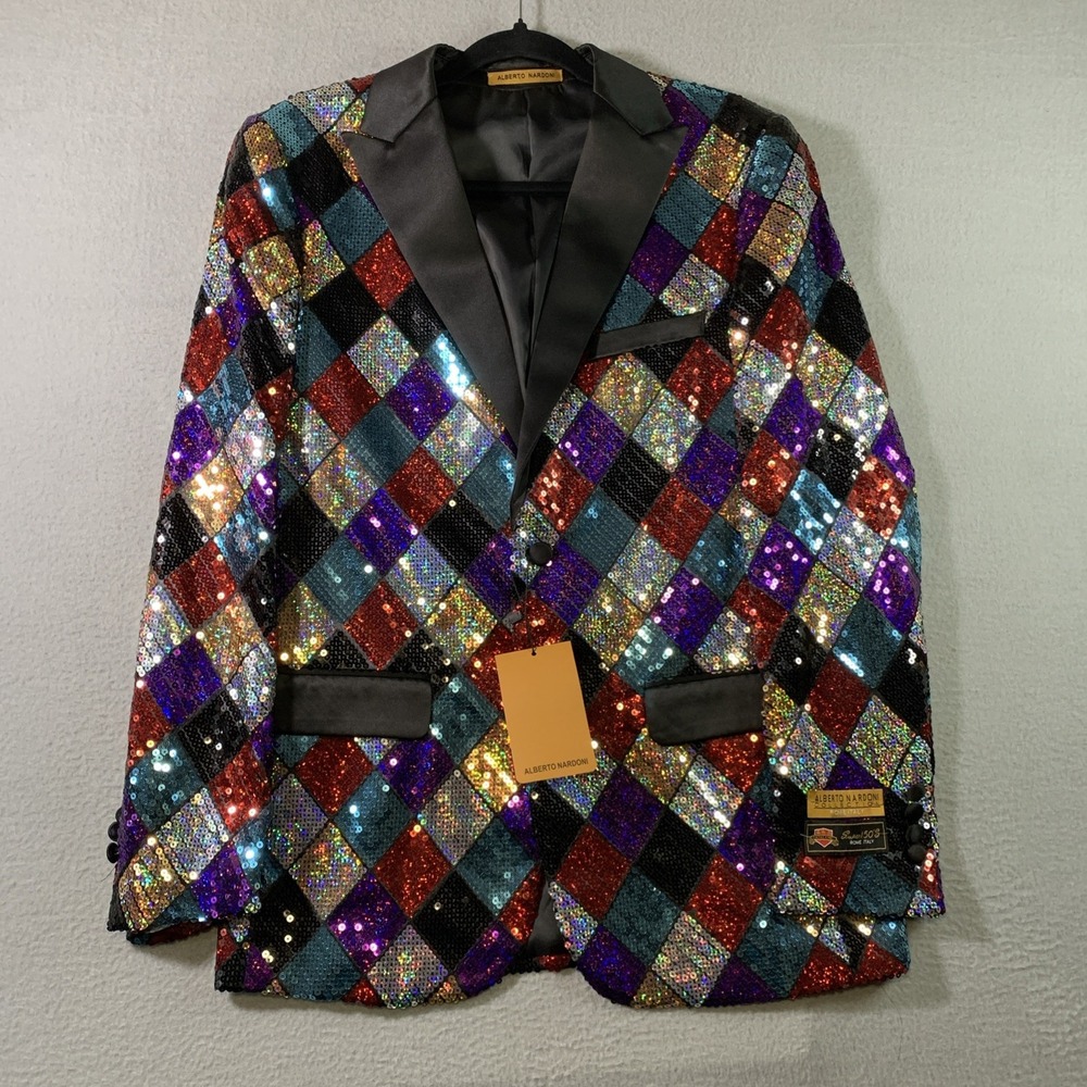 Alberto Nardoni Multi Color Sequin Blazer Tuxedo Jacket Satin Lapel Men's Size M